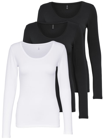 ONLY 3er-Set Basic Langarmshirt in Schwarz/schwarz/weiß