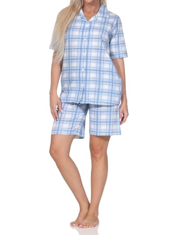 NORMANN Langarm Jersey Pajama Shorty Karo Optik Übergröße in blau