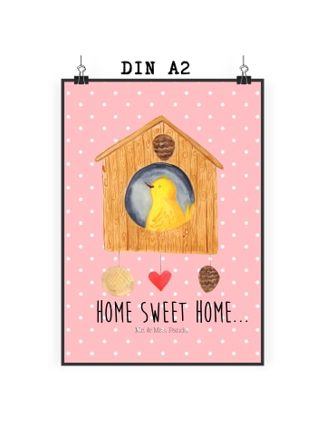 Mr. & Mrs. Panda Poster Vogelhaus Home mit Spruch in Rot Pastell