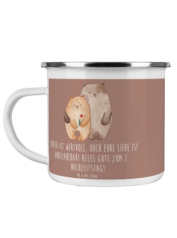 Mr. & Mrs. Panda Tasse 7. Hochzeitstag Kupferhochzeit mit Spruch in Braun Pastell