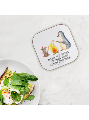 Mr. & Mrs. Panda Untersetzer Glas Pinguin Lagerfeuer mit Spruch in Weiß