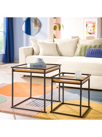 home24 home24 Beistelltisch im 2er-Set aus Metall und Spanplatte im modernen Stil in Eiche Dekor / Schwarz