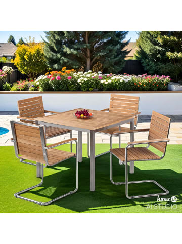 home24 Essgruppe TEAKLINE 5-teilig Kombi B in Braun / Silber