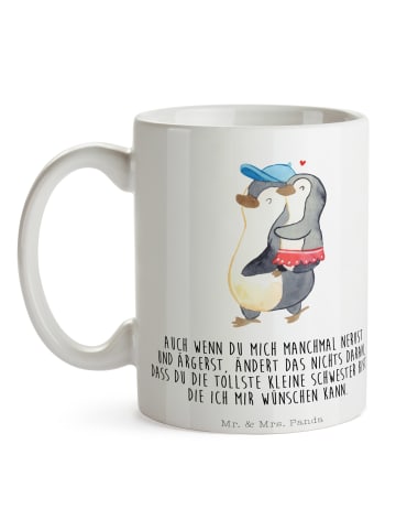 Mr. & Mrs. Panda Teetasse Pinguin Kleine Schwester mit Spruch in Weiß