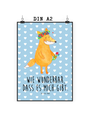 Mr. & Mrs. Panda Poster Fuchs Blumen mit Spruch in Blau Pastell