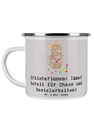 Mr. & Mrs. Panda Camping Emaille Tasse Erzieherin Chaos mit Spruch in Grau Pastell