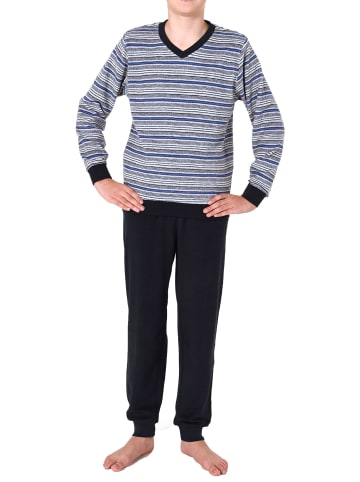 NORMANN Frottee Pyjama lang Schlafanzug Bündchen und Ringeln - 65524 in dunkelgrau