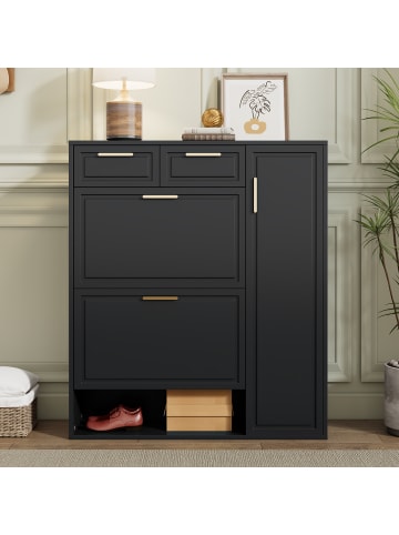 ABRIHOME Schuhschrank in Schwarz mit goldenen Griffen B95 D24 H107.5 cm 