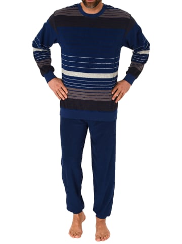 NORMANN Frottee Schlafanzug Pyjama langarm Bündchen StreifenLook - 75430 in blau