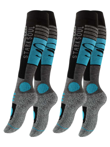 Stark Soul® Ski & Snowboard Socken 2 Paar, mit Spezialpolsterung in Schwarz/Grau/Tuerkis