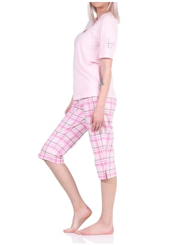 NORMANN kurzarm Schlafanzug karierter CapriHose Jersey - 72615 in rosa