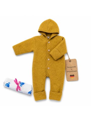 Kinderhaus Blaubär Baby-Overall mit Kapuze, Holzknöpfen & Mulltuch Blaubaer in Safran Melange