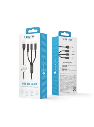 FOREVER Forever 3-in-1 Ladekabel USB-A zu Lightning/USB-C/microUSB 1,2?m in Schwarz