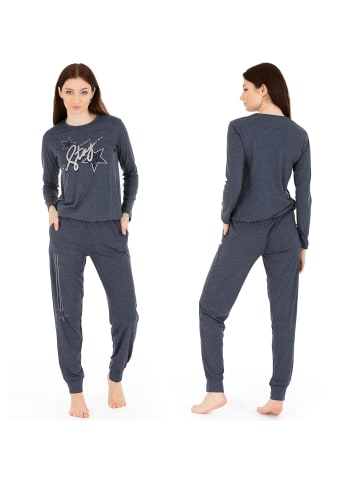 LOREZA Schlafanzug Pyjama langarm- Stern - Grau