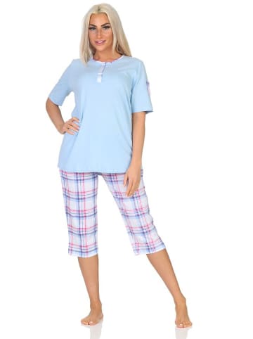 NORMANN Schlafanzug kurzarm Pyjama karierter Capri Hose Jersey in hellblau