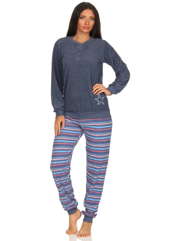 NORMANN Frottee Pyjama lang Bündchen Hose gestreift - 48874 in blau-melange
