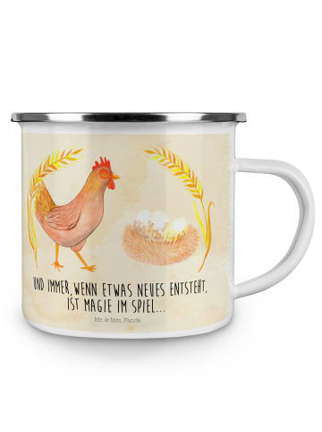 Mr. & Mrs. Panda Camping Emaille Tasse Huhn Stolz mit Spruch in Vintage