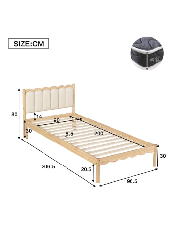 ABRIHOME Polsterbett in Beige 90x200 cm mit PU Kopfteil Wellendesign Massivholz
