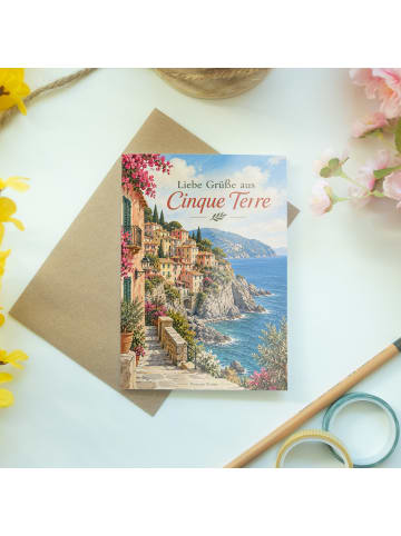 Grußkarte Küste mediterran Design mit Spruch in Weiß