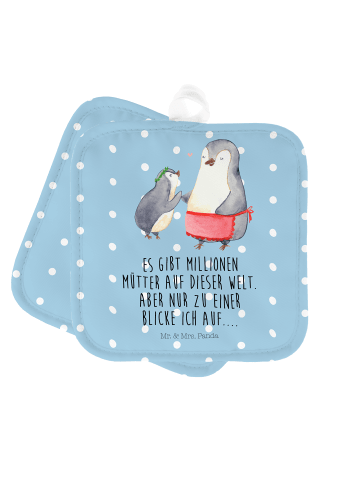 Mr. & Mrs. Panda 2er Set Topflappen  Pinguin mit Kind mit Spruch in Blau Pastell