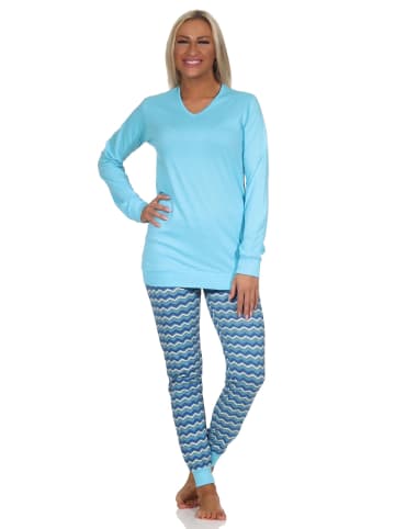NORMANN Pyjama Schlafanzug lang & Bündchen EthnoLook - 79825 in blau