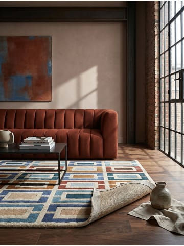 KADIMA DESIGN Wollteppich Geometrisch, Retro-Stil, Wohnzimmer in Multicolor-Blau