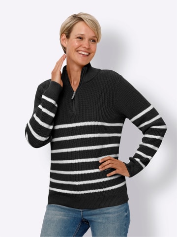 Sieh an! Stehkragenpullover in schwarz-ecru-geringelt