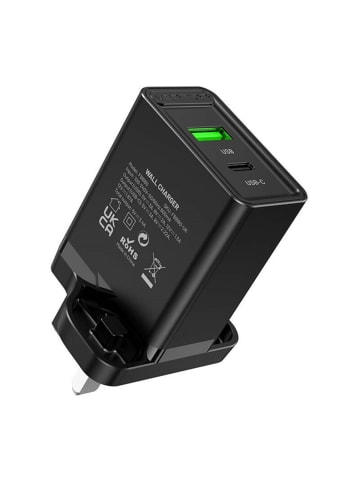 Vention UK-Netzladegerät mit 2 Anschlüssen USB-A und USB-C (18W/20W) in Schwarz