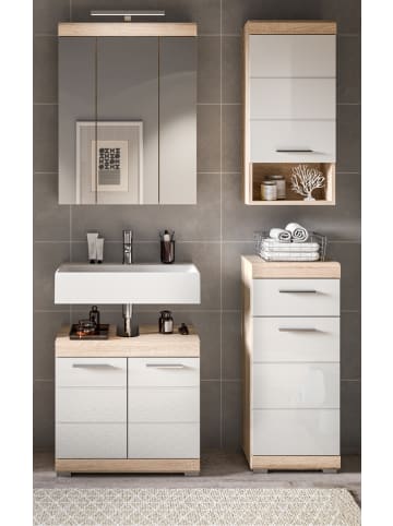 Inn.Furn Badmöbel-Set weiß Hochglanz, Eiche 4-teilig 112 cm, Kombination viel Stauraum