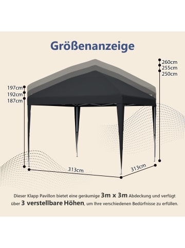 ABRIHOME Pavillon in Schwarz 3x3 m höhenverstellbar mit 4 Sandsäcken