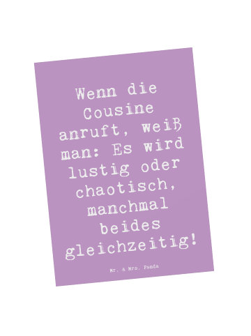 Mr. & Mrs. Panda Postkarte Spruch Cousine Abenteuer mit Spruch in Lavendeltraum