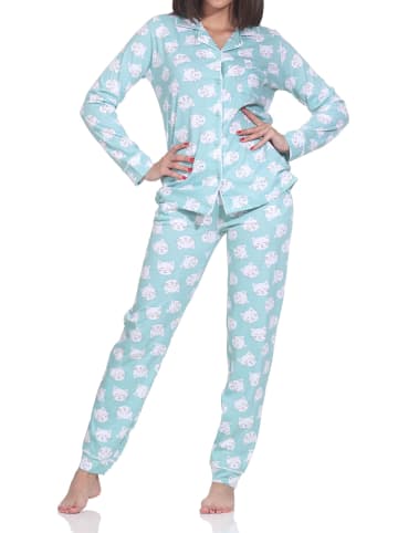 NORMANN Langarm Jersey Pajama Katzen Optik Übergröße in türkis