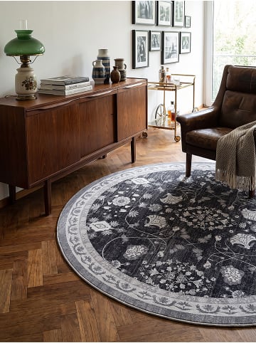 KADIMA DESIGN Kurzflor-Teppich waschbar VERNANTE Palmetten Flur in Schwarz-Creme-Grau