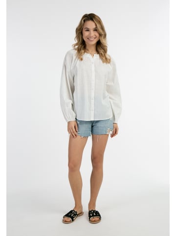 IZIA Damen Baumwollbluse Mit Metallicgarn in Wollweiss Mit Silber Streifen Und Punkten