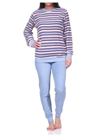 NORMANN Frottee Schlafanzug lang Pyjama Bündchen Streifen - 76533 in hellblau