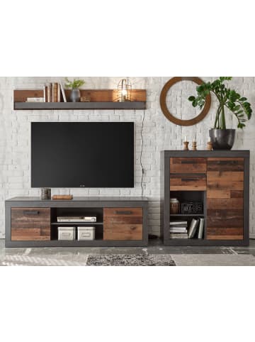 Furn.Design Wohnwand Old Used Wood Shabby Design mit Matera grauSchrankwand 3-teilig 255 cm