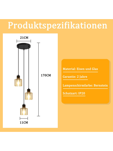 ZMH Pendelleuchte 3-flammige E27 in Bernstein rund mit Glas B 21cm