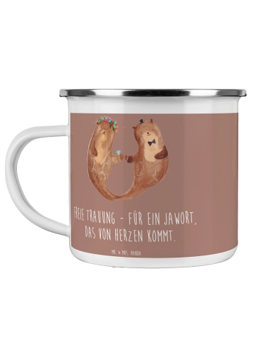 Mr. & Mrs. Panda Camping Emaille Tasse Freie Trauung Jawort mit ... in Braun Pastell