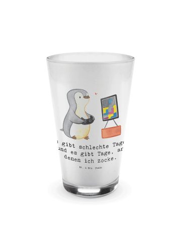 Mr. & Mrs. Panda Latte Macchiato Glas Pinguin Zocken mit Spruch in Transparent