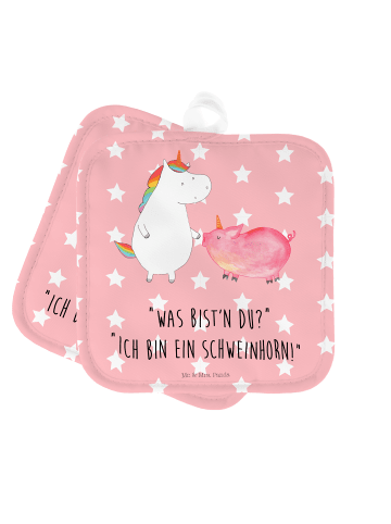 Mr. & Mrs. Panda 2er Set Topflappen  Einhorn Schwein mit Spruch in Rot Pastell