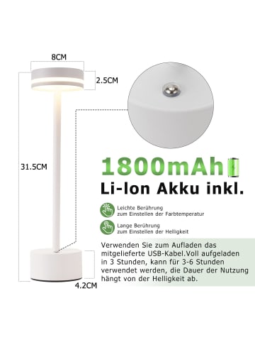 ZMH Tischleuchte LED in weiß Akku Kabellos Touch Dimmbar H 31.5cm