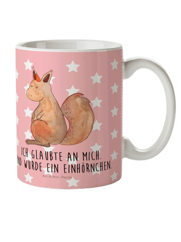 Mr. & Mrs. Panda Tasse Einhorn Glauben mit Spruch in Rot Pastell