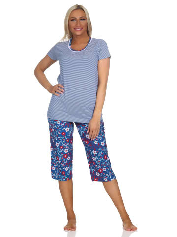 NORMANN Kurzarm Schlafanzug Capri Pyjama Streifen in marine