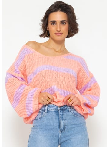 SASSYCLASSY Pullover mit Streifen und V-Ausschnitt in Peach