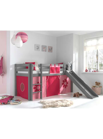 58 aufm Kessel KINDERBETT mit Rutsche Karolina Massivholz Grau Textilset Flower