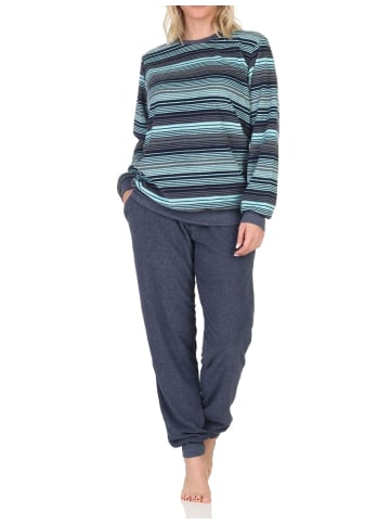 NORMANN Frottee Schlafanzug langarm Bündchen Streifenoptik in jeansmelange