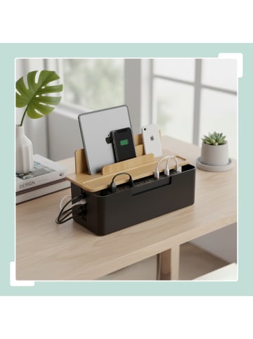 relaxdays Kabelbox in Natur/ Schwarz – (B)30 x (H)16 x (T)13 cm