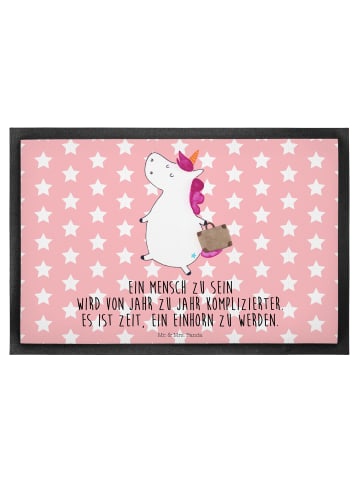 Mr. & Mrs. Panda Fußmatte Einhorn Koffer mit Spruch in Rot Pastell