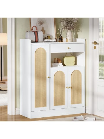 ABRIHOME Schuhschrank in Weiß Rattan mit 3 Türen 1 Schublade verstellbaren Regalen 90x35x110 cm