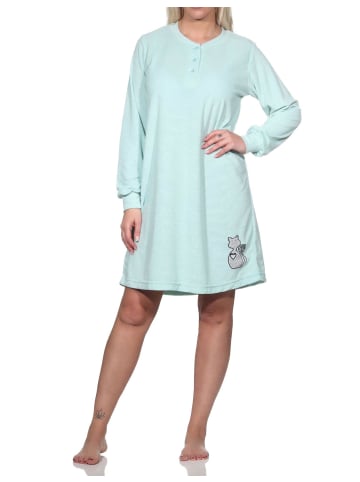 NORMANN Frottee Nachthemd langarm Faulti Katze - 82133 in türkis